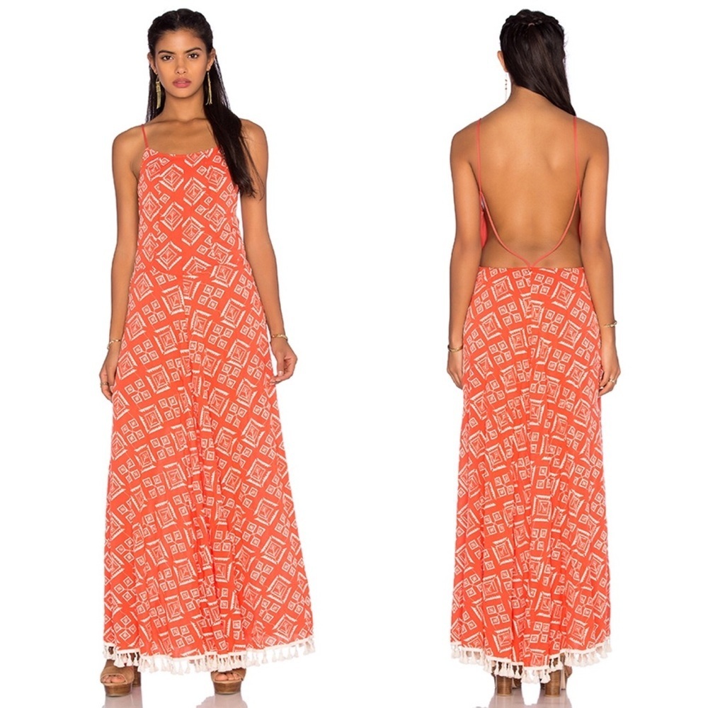 MISA LOS ANGELES Sienna Maxi Dress Saffron Print XS Orange Beige Tassel